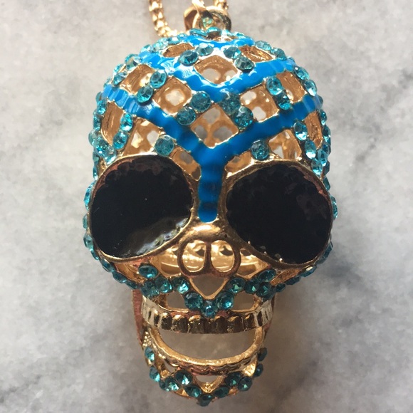 Jewelry - Blue Rhinestone Skull Necklace